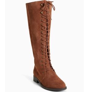 Suede lace up knee-high boots wide width wide calf